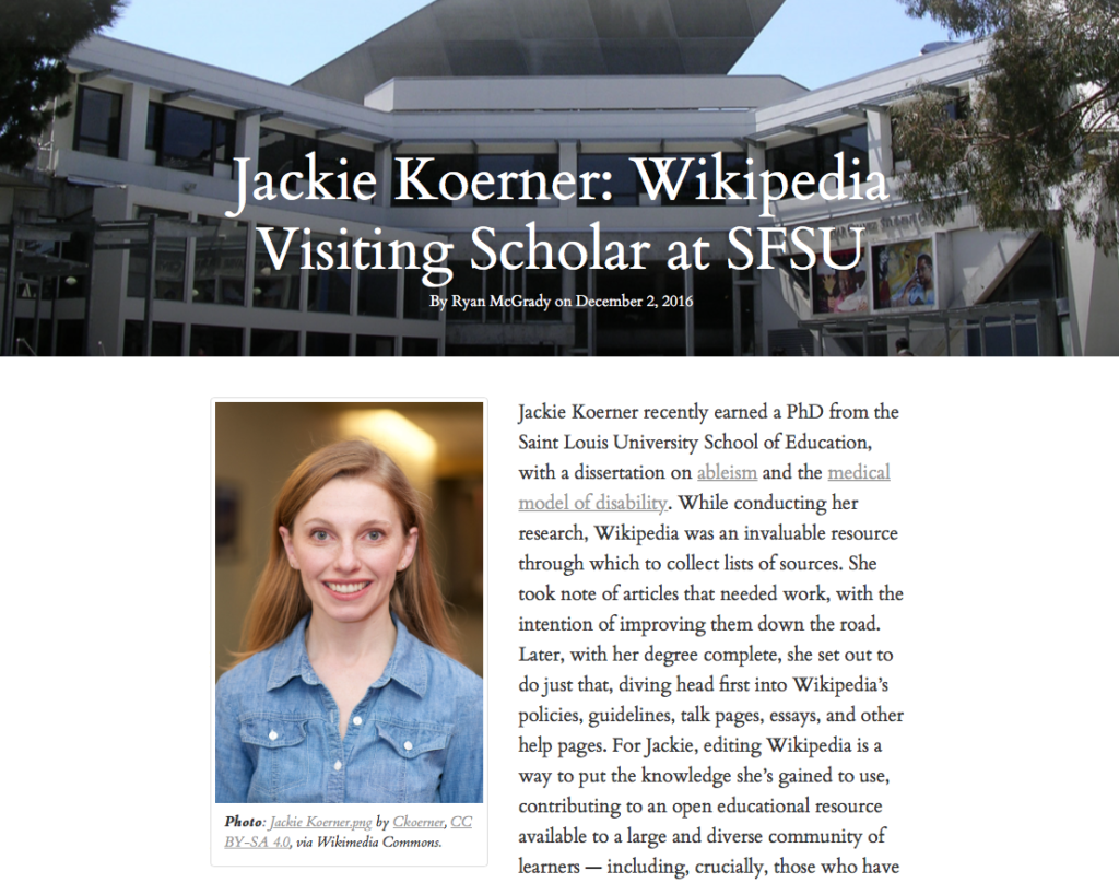 WikiEdu.org screenshot of Jackie Koerner: Wikipedia Visiting Scholar at SFSU